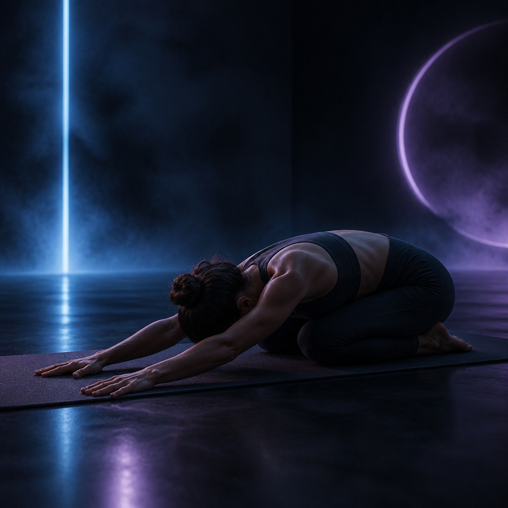 Person in a deep stretch under calm blue light
