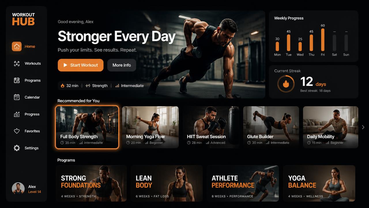 FitScreen home screen concept: featured workout hero, recommended rail with a focused card, weekly progress and streak panels